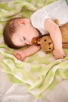 Baby, sleeping and home with teddy bear, nap and nursery with peace in a bed with blanket. Morning, youth and kid with dream of an infant with child development from rest in a bedroom with a newborn.