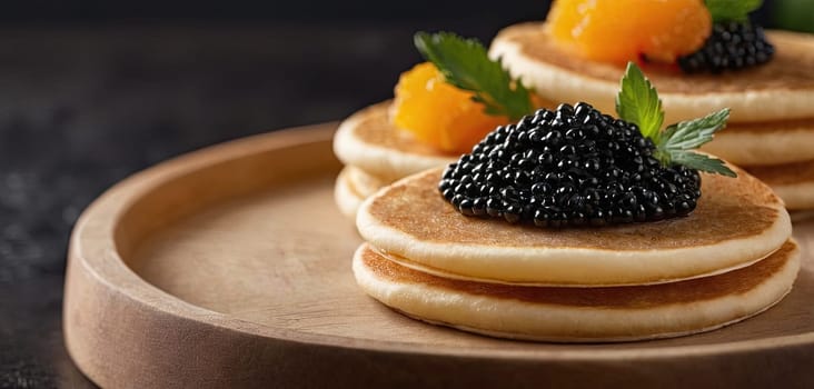 Pancakes with caviar for breakfast highlight luxury morning meal. Golden stack topped with black caviar, served on wooden plate, captures indulgent experience