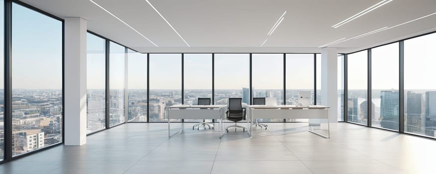 Empty office, high-rise building, city skyline view