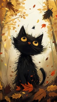 A Carnivore Felidae Cat with whiskers and fur, a small to mediumsized Terrestrial animal, the Domestic shorthaired cat, is sitting in a forest surrounded by leaves