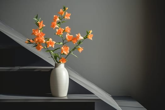 White vase with orange flowers on a shelf on a gray wall. Minimalism in the interior.
