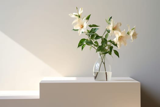 A branch of white lilies in a glass vase on a step.