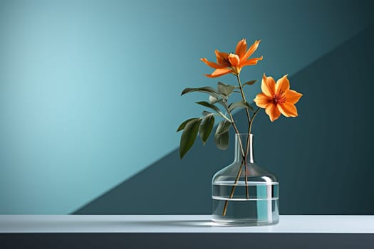 Orange lilies in a glass vase against a blue wall.