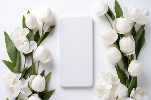 Smartphone mockup with white tulips. Smartphone screen mockup on white background for presentation or app design.
