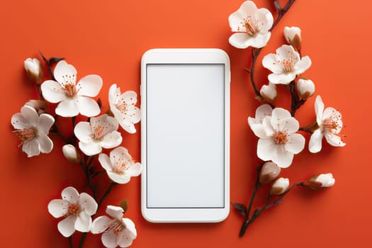 White smartphone mockup on a red background with a flowering branch. Device screen mockup.