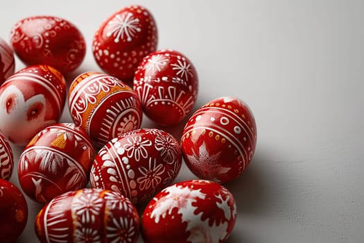 Red Easter eggs with a beautiful painted pattern lie on the table. Easter background.