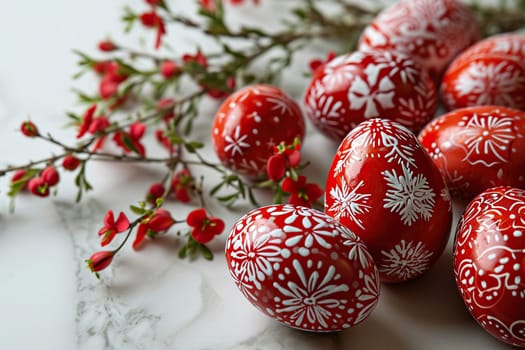 Red and white Easter eggs on a marble surface. Sideview, Easter background.