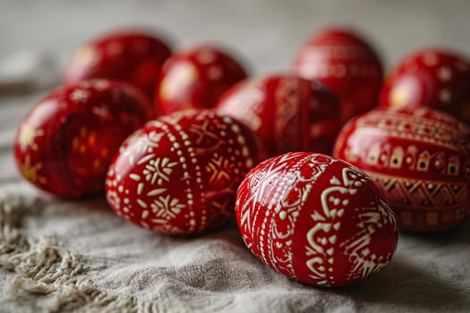 Red Easter eggs with a white pattern lie on burlap. Close-up shot. Easter background.