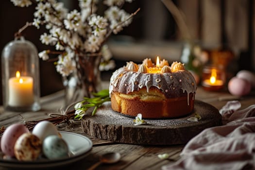 Easter cake with decorated eggs and candles, willow in a vase on a wooden table.