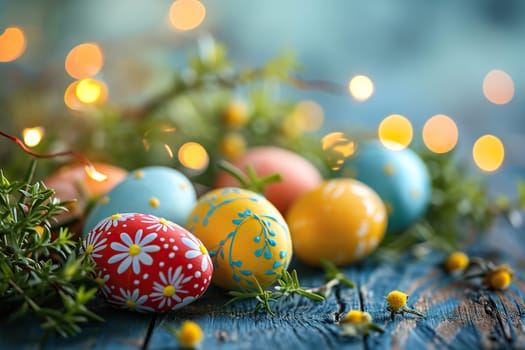 Beautiful decorated Easter eggs on a blue wooden surface. Easter composition, top view.