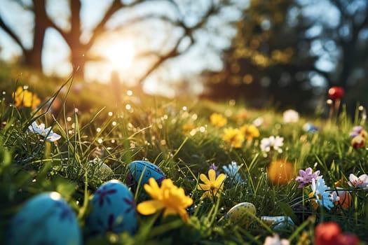 Decorated Easter eggs in green grass close-up.