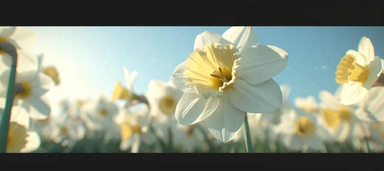 Close up of narcissus field in a sunny day with blue sky behind.