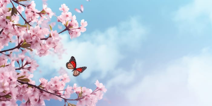 Spring banner branches of blossoming cherry and butterflies against blue sky background with copy space.