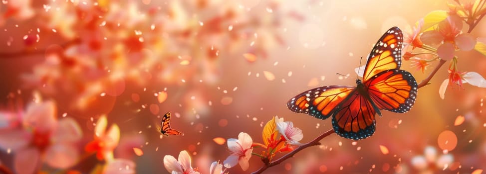 Spring banner branches of blossoming cherry in orange color and butterflies against blurred background with copy space.