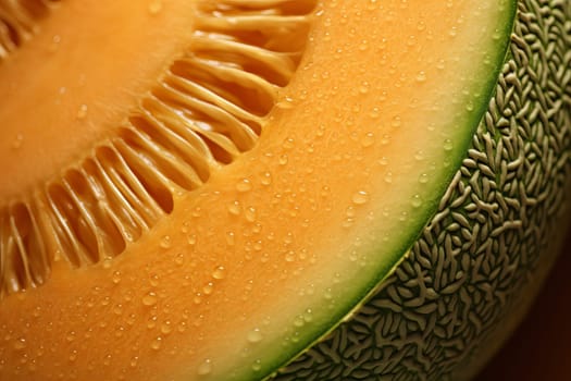 Textured Melon half closeup. Fruit leaf ripe raw diet. Generate Ai