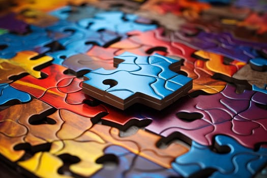 Sturdy Metal colorful puzzle pieces on black background. Metallic luster jigsaw shapes on dark surface. Generate ai
