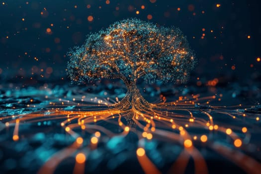 A luminous digital tree with roots and branches represents the intricate connections of a networked society. It is a metaphor for the growth and reach of digital information systems