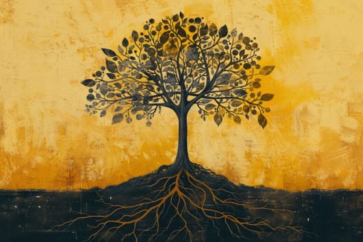 An artistic illustration of a tree, displaying a network of roots and golden leaves. This image symbolizes growth and connectedness with nature