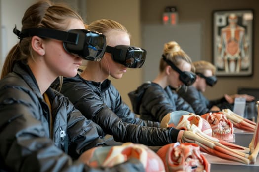 Medical students intently use augmented reality glasses to examine anatomical models, gaining a detailed understanding of human physiology. AR technology enhances the learning experience with interactive and realistic visualizations