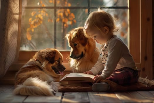 A child immersed in storytelling reads aloud to two attentive dogs by a sunny window. The scene encapsulates a whimsical tale of childhood and animal friendship