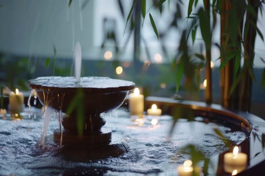A serene spa setting illuminated by candlelight, featuring a luxurious bath with a gentle bamboo fountain. The ambiance is one of calm and relaxation, inviting a sense of peaceful retreat