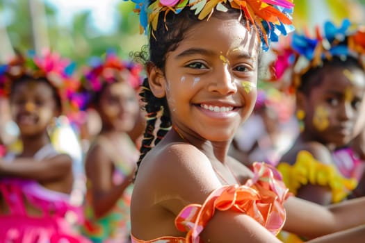 A young girl smiles joyfully, adorned with vibrant festival attire. Her face reflects the essence of a diverse community celebrating together in a festival of unity