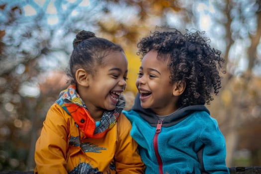 Two young children share a moment of pure joy, laughing together in an outdoor playground setting. Sunlight filters through the trees, highlighting their cheerful expressions