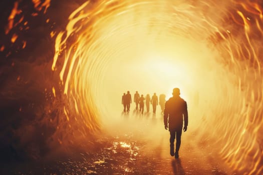 A silhouette stands at the end of an illuminated tunnel, with figures approaching in the backdrop. The fiery glow imparts a sense of drama and mystery