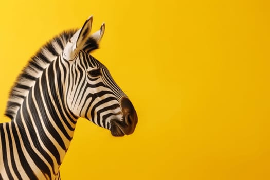 Close-up of a zebra against a vibrant yellow backdrop.