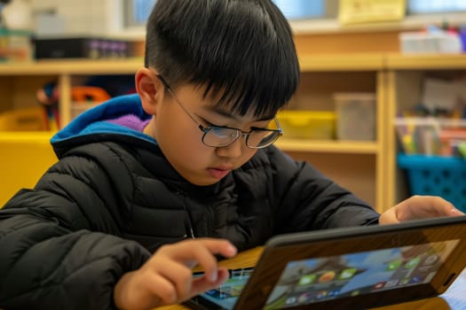 A young student with autism is engrossed in an interactive learning tablet, highlighting the impact of technology on education.