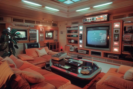 This image showcases a retro-futuristic living room design from the early 2000s with vibrant orange tones. The blend of vintage and modern elements exemplifies a unique era in interior design