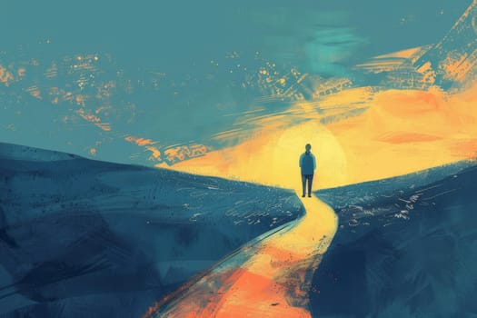 An evocative illustration depicts a person on a solitary path toward a bright horizon, signifying hope and progress