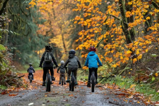 A family enjoys a serene bike ride along a trail carpeted with golden autumn leaves. The forest's vibrant fall colors create a picturesque backdrop for this bonding activity
