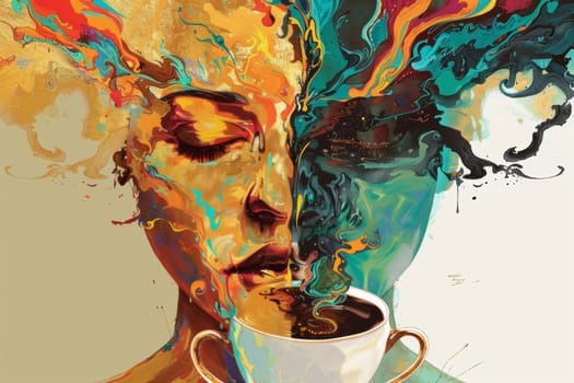 An artistic representation of the energizing and dream-like qualities of caffeine, depicted through swirling colors and two steaming cups. The visual metaphor plays with the concept of caffeine as both a stimulant and a creative muse