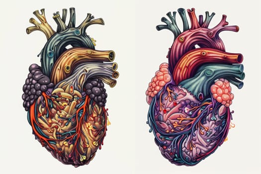 This artwork offers a surreal interpretation of the human heart, richly detailed with vibrant colors and textures. The illustration merges organic and fantastical elements, challenging the viewer's perception of anatomy