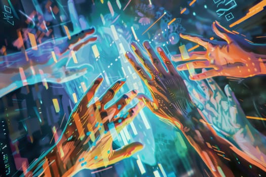 A dynamic abstract of colorful digital hands reaching out, depicting the idea of connectivity in the digital age. The vibrant artwork conveys interaction and the flow of digital information