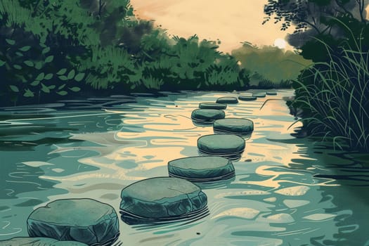 A tranquil illustration depicts a series of stepping stones crossing a calm river, with the gentle hues of dusk coloring the scene. The smooth stones and the reflective water surface create a peaceful and meditative atmosphere