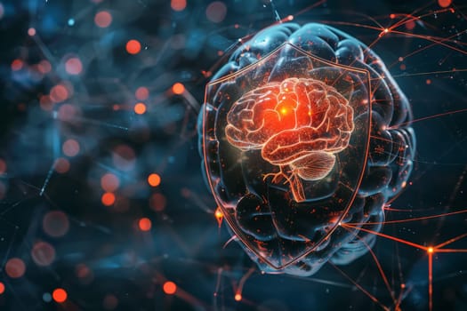 A conceptual image of a glowing brain within a shield depicts protection against neurological disorders. It underscores the importance of safeguarding mental health