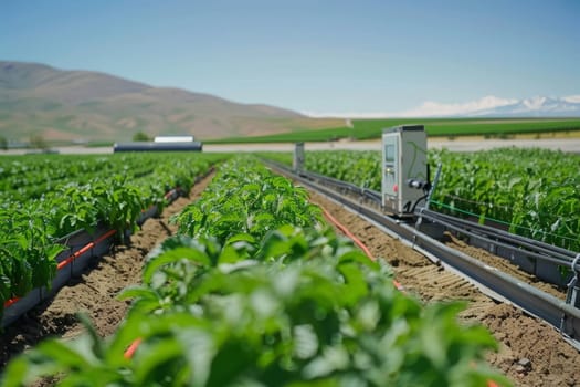 Advanced irrigation technology supports robust plant growth in a greenhouse setting, underscoring the significance of precision agriculture. The clarity of the image highlights the intricacies of modern farming techniques