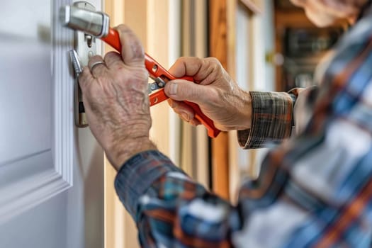 A diligent caregiver installs a safety lock, ensuring a secure environment. His expertise shines as he works meticulously to safeguard the home