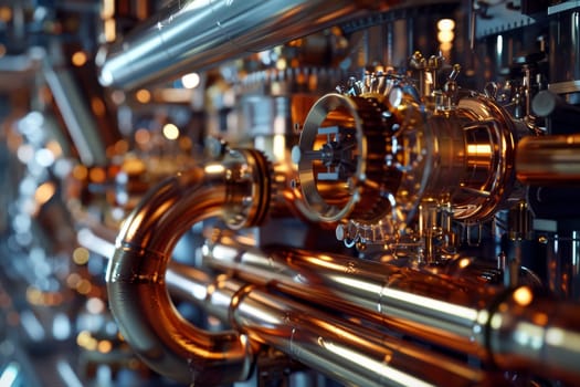 The complex network of cryogenic cooling pipes at an industrial facility. The intricate metallic maze illustrates the sophistication of modern thermal management systems.