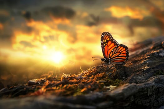 A butterfly rests on a rugged surface, its wings catching the golden light. This moment captures transformation and nature's delicate balance