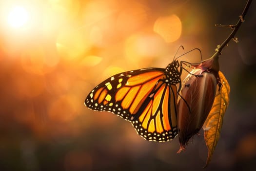 A monarch butterfly clings to a cocoon, its wings spread against the golden light. The scene captures the triumph of transformation and new beginnings