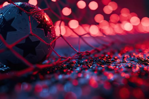 Soccer ball in a net close-up with bokeh background. Goal in a goal with a net.