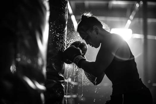 A boxer delivers a focused punch, frozen in time by the camera. The black and white image enhances the raw intensity and drama of the moment
