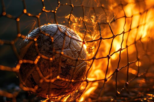 Soccer ball in a net with fire flame background. Sports competition concept.