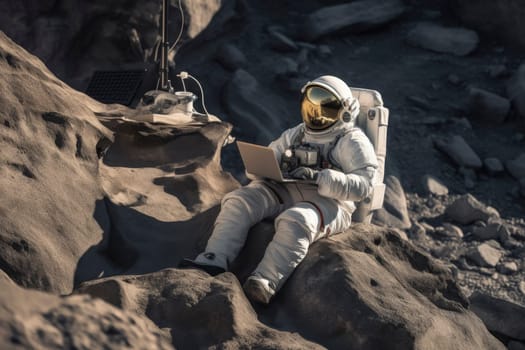 Astronaut seated on moon-like terrain, using a laptop.