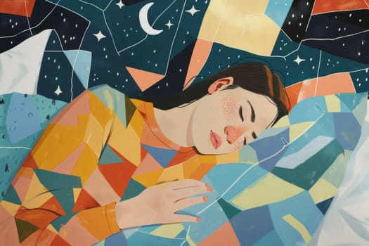 A serene young woman asleep, enveloped in a vibrant, geometric dreamscape of stars and night sky.