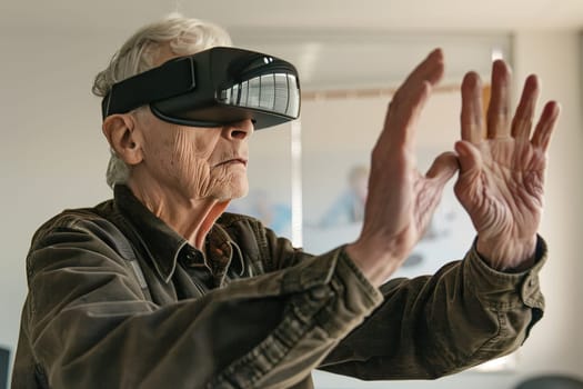 An elderly person is engaged with a virtual reality headset, gesturing with their hands. The VR experience appears immersive, showcasing technology's reach across generations
