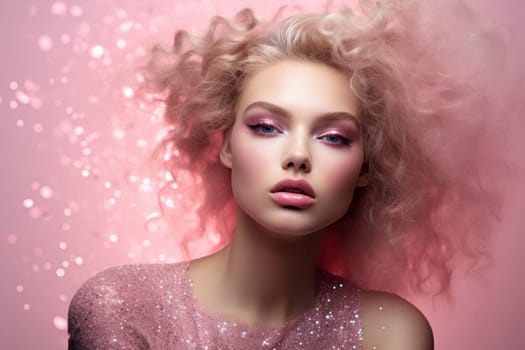 Trendy Model pink glitter. Beauty portrait. Generate Ai